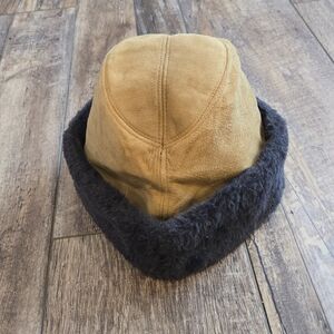 Vintage Suede Sherpa Lined Winter Hat Camel Brown Black Faux Fur Trim
